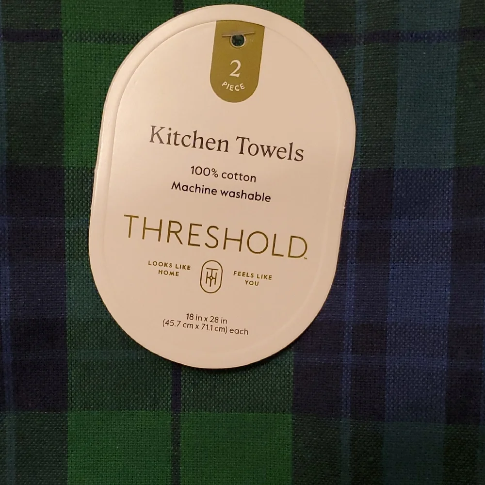 NWT Threshold Kitchen Towels - 100% Cotton - Green; Blue & Green Plaid